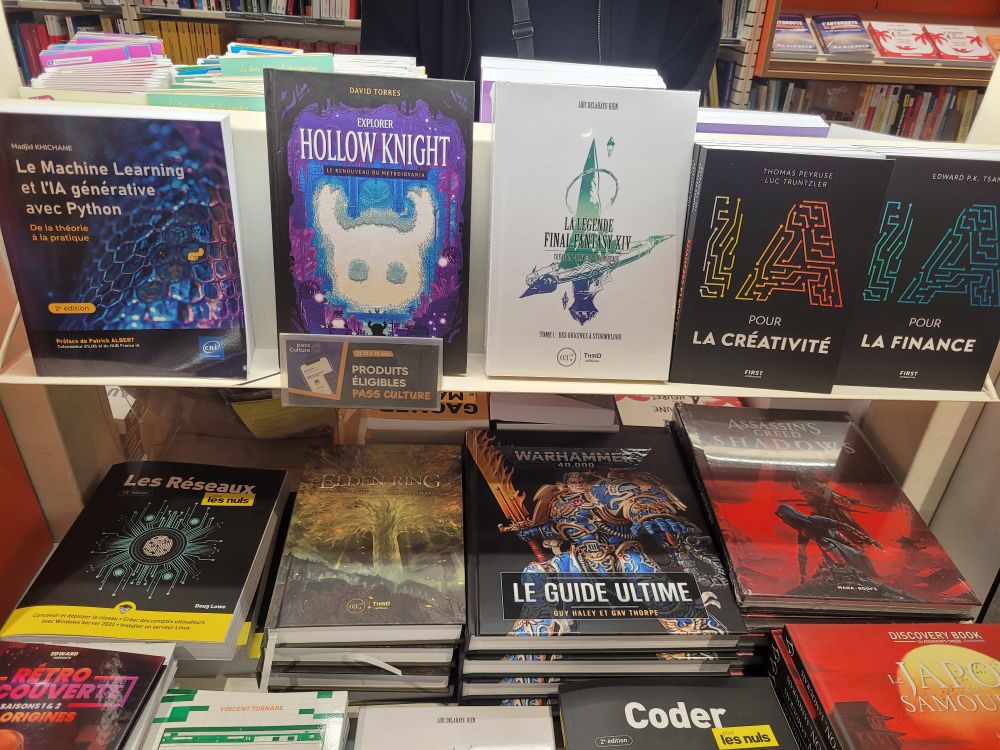Un étal de la Fnac. Les livres de Third Editions (Hollow Knight, FFXIV, Elden Ring) au milieu de livres infâmes sur l'IA