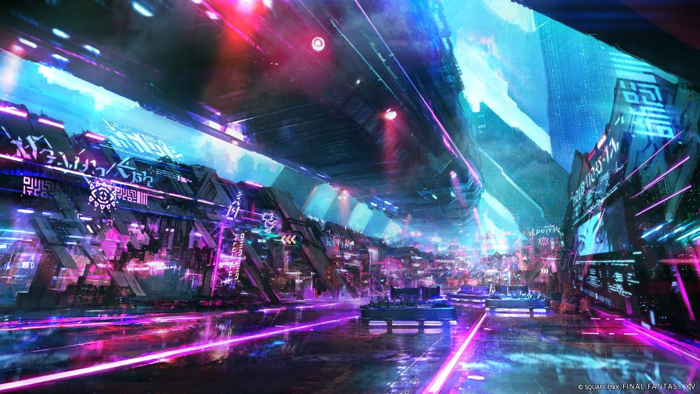 Concept art de Solution Neuf, la ville cyberpunk de FFXIV Dawntrail