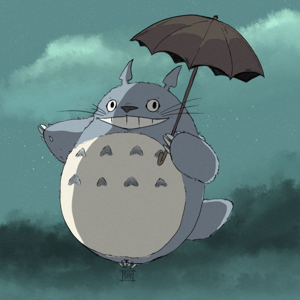 Fanart of Ghibli's Totoro floating over a teal green forest with his umbrella in the sky. 
