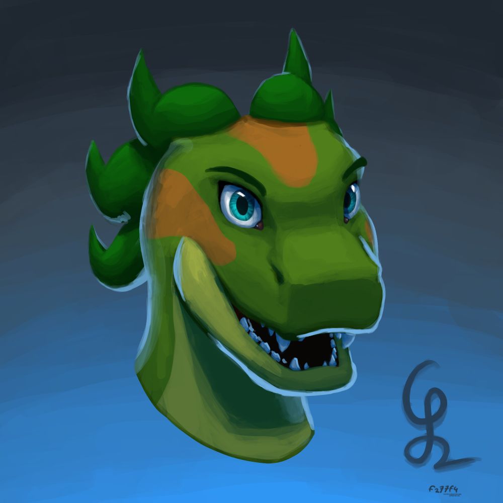 A digital headshot of a green dragon with six horns in soft blue light
