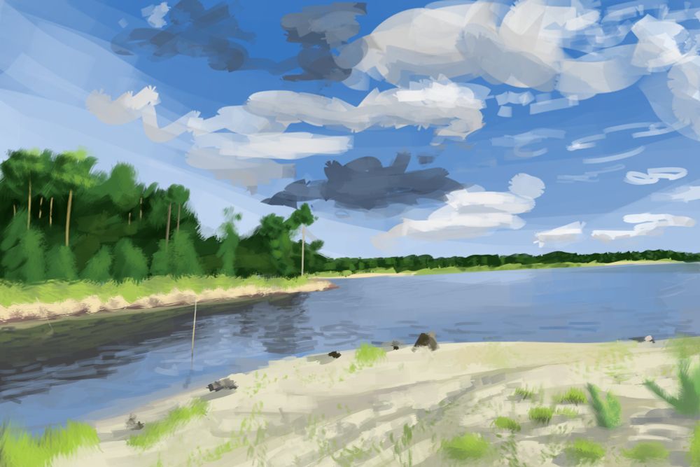 Digital painting of the place Yuganskiy Leskhoz. Depicting a beach with some greenery and cloudy sky (sorry for bad explanation lksjffjregf)