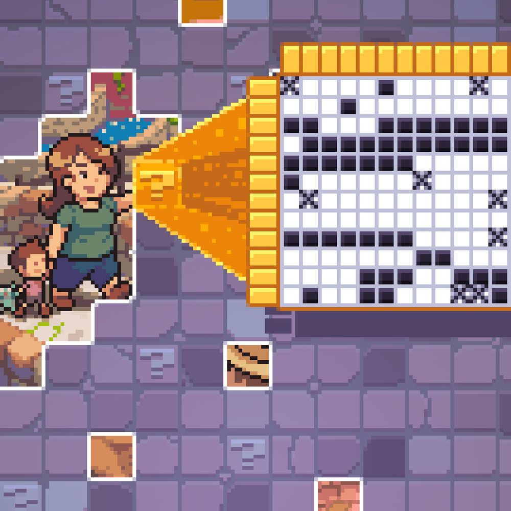 A pixel art diagram showing a giant purple puzzle grid. Some cells of the grid have been uncovered to reveal part of a village scene - a parent and child walking across a stone bridge. One cell of the grid is highlighted in gold and a magnified version of the cell shows that it contains a 12x12 picture cross (nonogram) puzzle representing one section of the village scene.