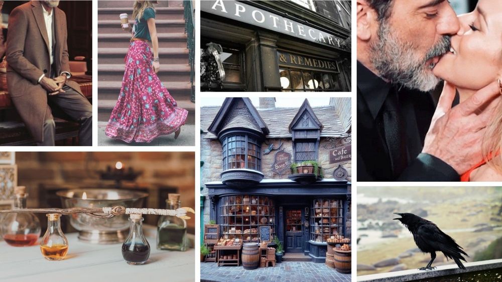 A moodboard with potions, a Victorian shop, a crow, a kissing couple and a man and woman. 
