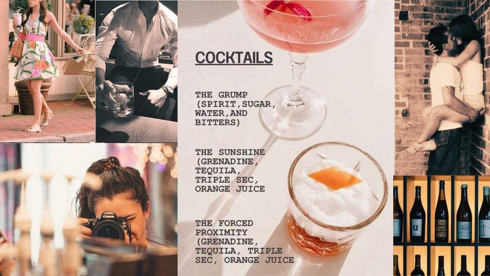 A collage with a cocktail menu, a man and a woman, a girl with a camera, a man pinning a woman against the wall and kissing her and some wine bottles. #questpit  