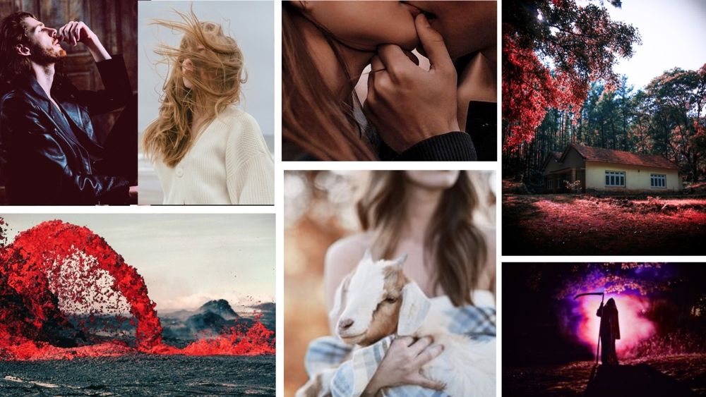 A collage of lava, a man, a woman, a couple out of focus kissing and the grim reaper