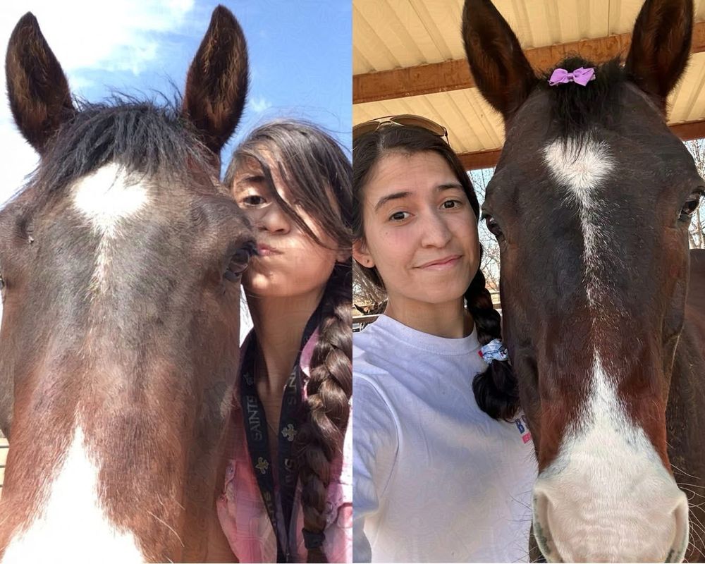 Two selfies displayed side by side of the artist and her horse, the left from 2015 and the right from 2025. The selfies show the differences between hairstyle and coat color, displaying how time has passed.