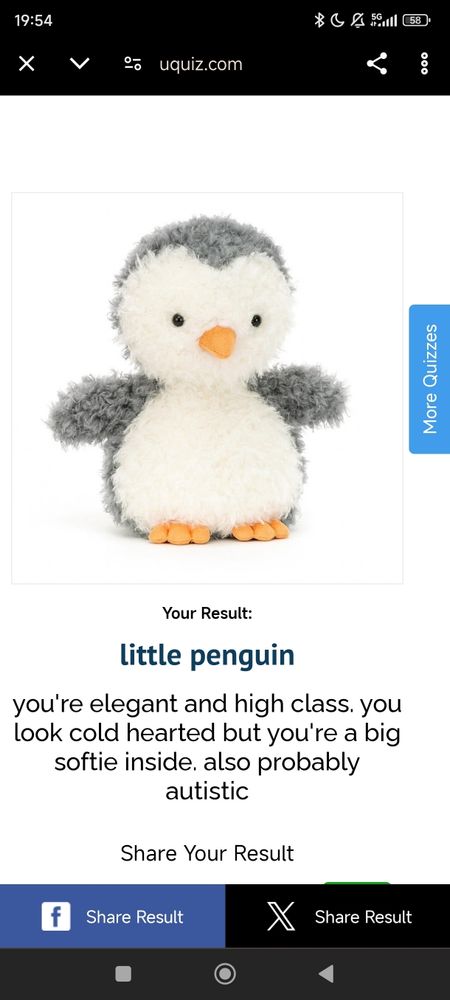 pic of a penguin plushie

it reads "your result
little penguin
you're elegant and high class. you look cold hearted but you're a big softie inside. also probably autistic"

