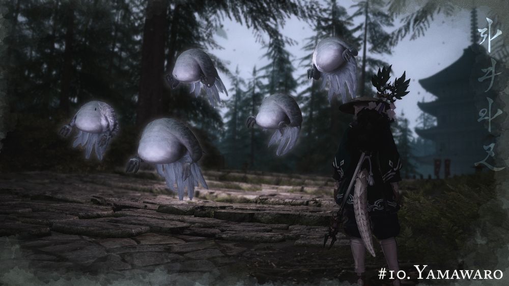 #10. YAMAWARO

Along a rocky mountain forest path, with a pagoda in the background, Hinako watches a cluster of oblong creatures float by.