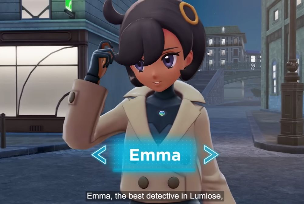 A screenshot from the new trailer for Pokemon Legends Z-A featuring Emma "the best detective in Lumiose"