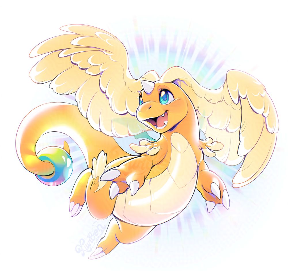 mega dragonite flying around with an open smile, rainbow behind him
