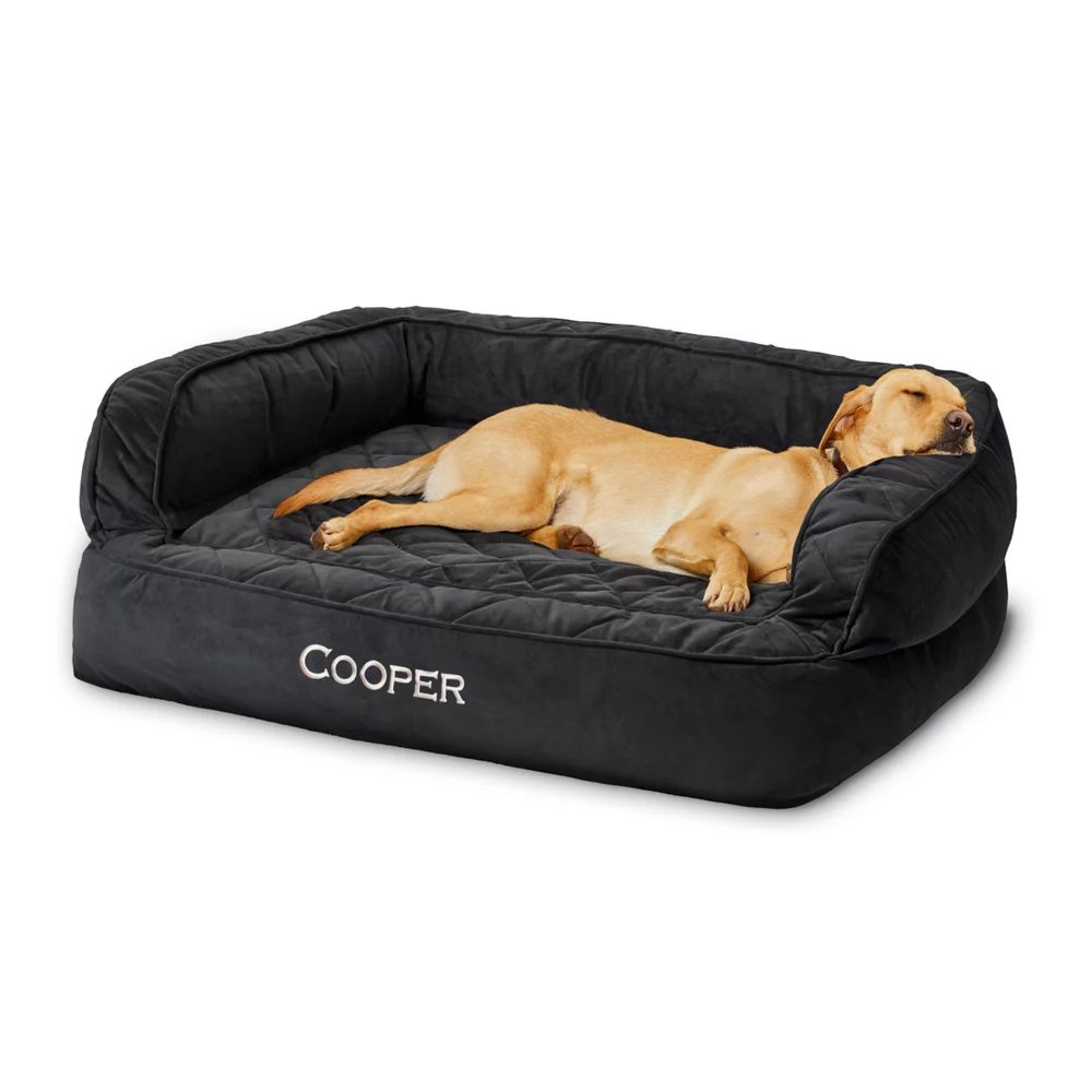 Image of a dog bed. There is a dog sleeping in it