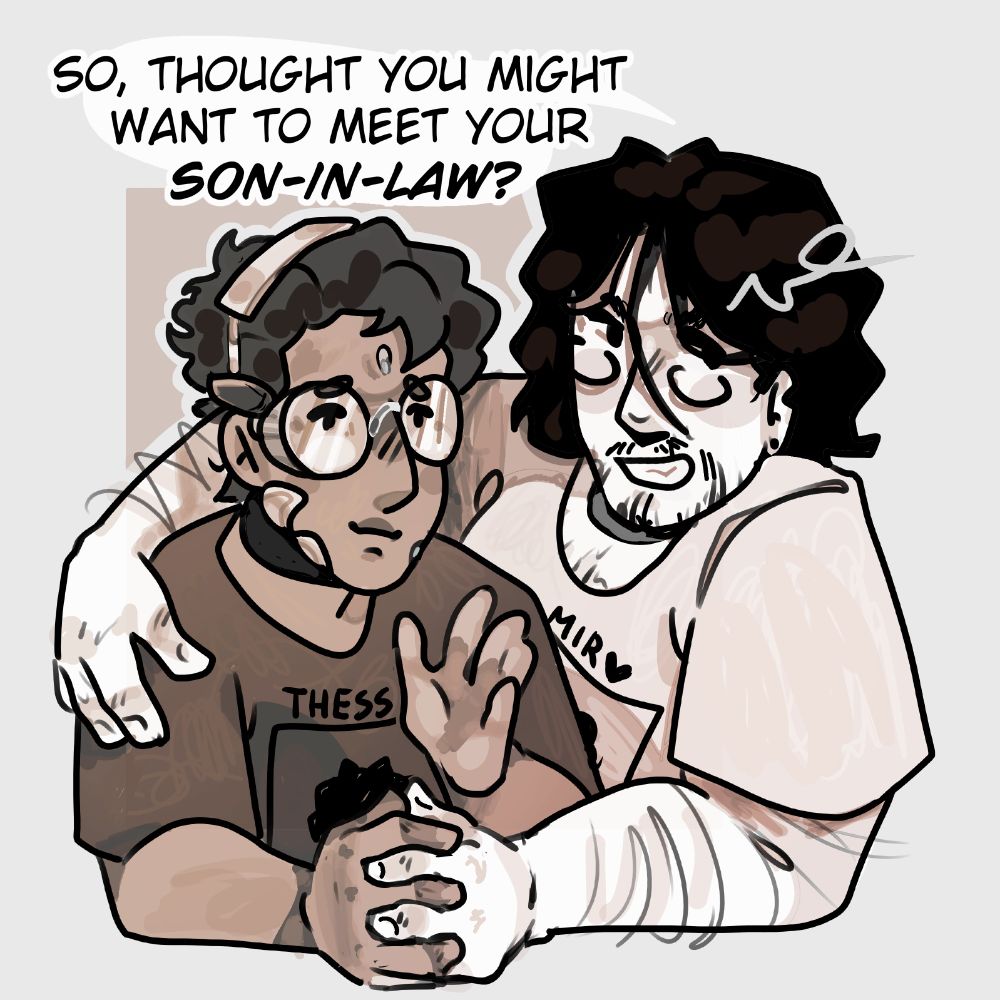 The drifter holding Amir Beckett while they both look at the same direction. The drifter is saying "So, thought you might want to meet your son-in-law?" 