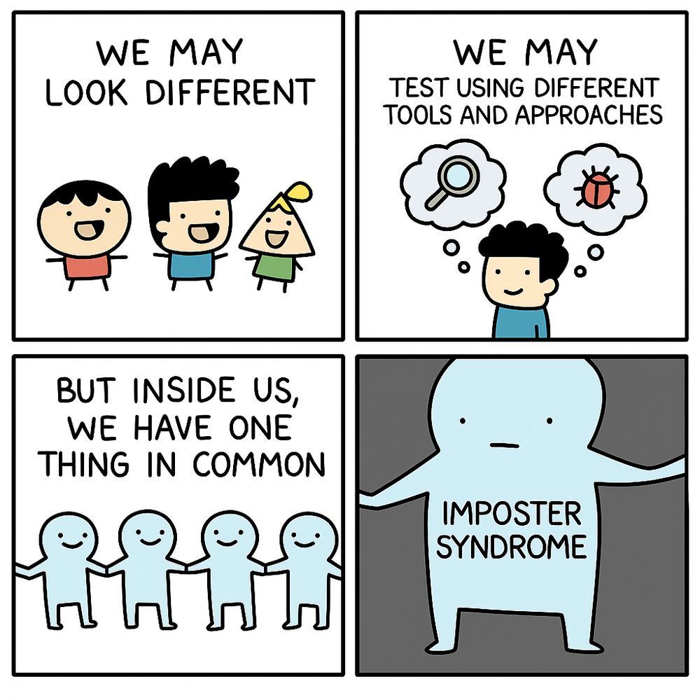 Four-panel cartoon comic for software testers. Panel 1: Three diverse cartoon characters with the text "We may look different." Panel 2: A tester thinks of a magnifying glass and a bug, with the text "We may test using different tools and approaches." Panel 3: Four smiling testers holding hands with the text "But inside us, we have one thing in common." Panel 4: A large blue figure labeled "Imposter Syndrome."
