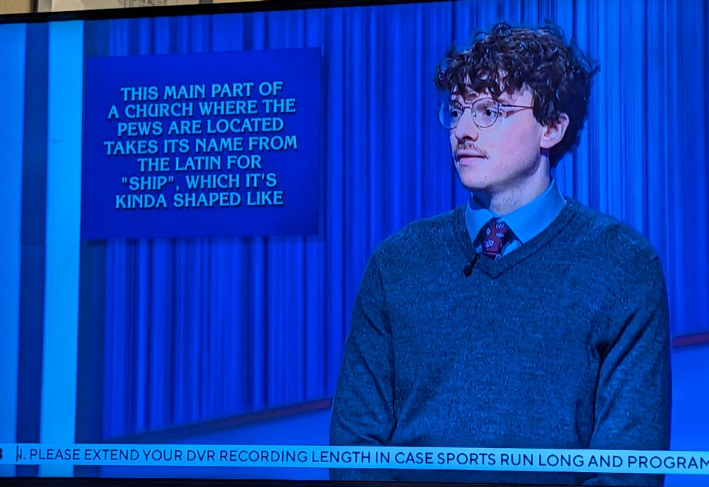 A Jeopardy screen grab that shows a Daily Double clue that says "This main part of a church where the pews are located takes it's name from the Latin for 'ship,' which it's kinda shaped like"
