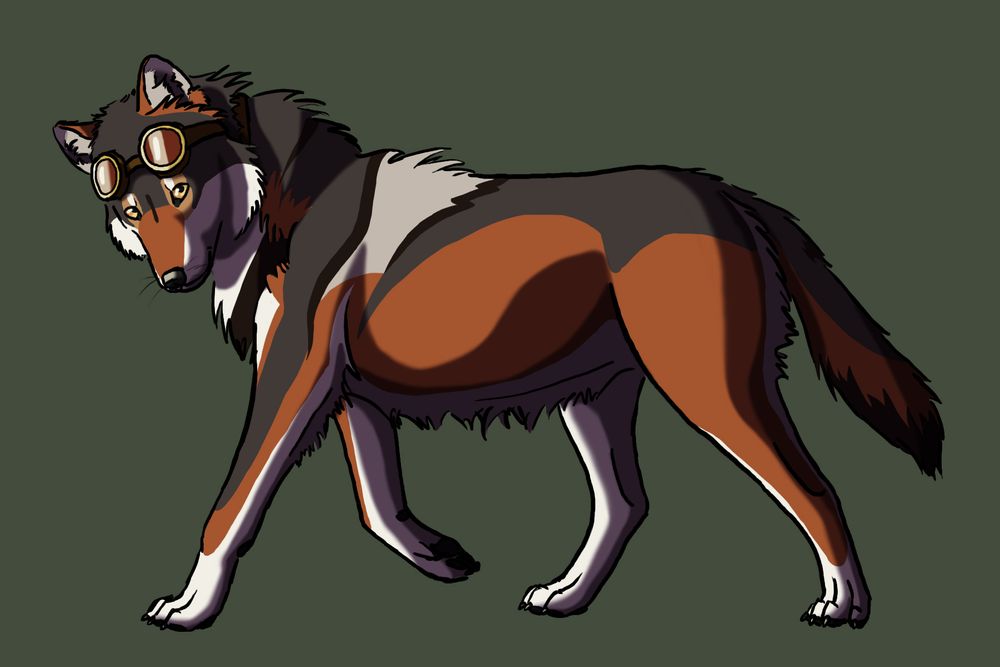 Digital drawing of a gray wolf walking while glancing at the viewer. It's wearing goggles, as one does.