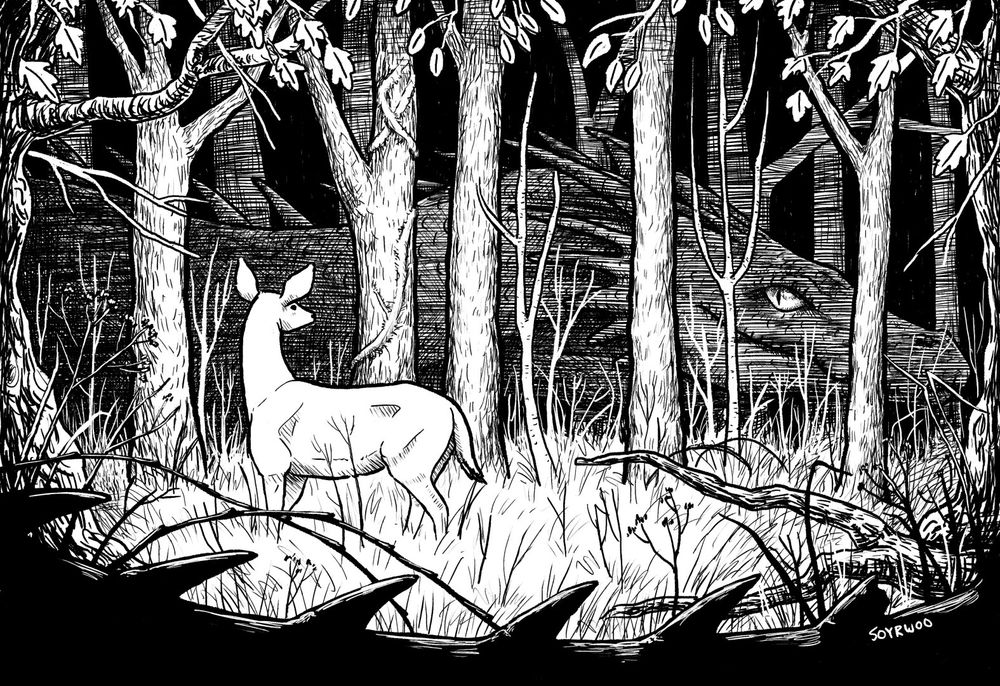 Black and white illustration of a deer in a small clearing in a late autumn forest. It's alert and looking over its shoulder, past the trees, where a large dragon is lurking.