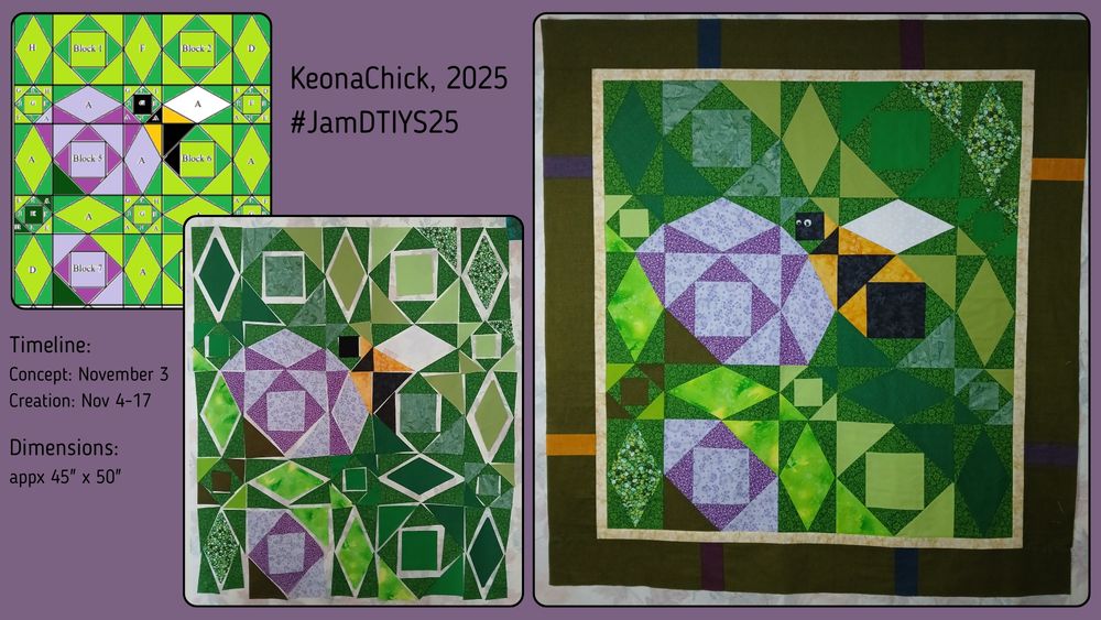 Three pictures in a graphic showing the following quilt top: a bee near a purple flower and a lower smaller flower against variations of green. The quilt pattern is known as a "Storm at Sea" which uses square, triangle, and diamond shapes to give an illusion of curves. The first picture is a filled-in coloring page. The second picture is cut fabric design. Final third picture is completed quilt top, with borders. The bee's bottom has expanded from the initial concept, and there are a pair of googly eyes pinned on. 