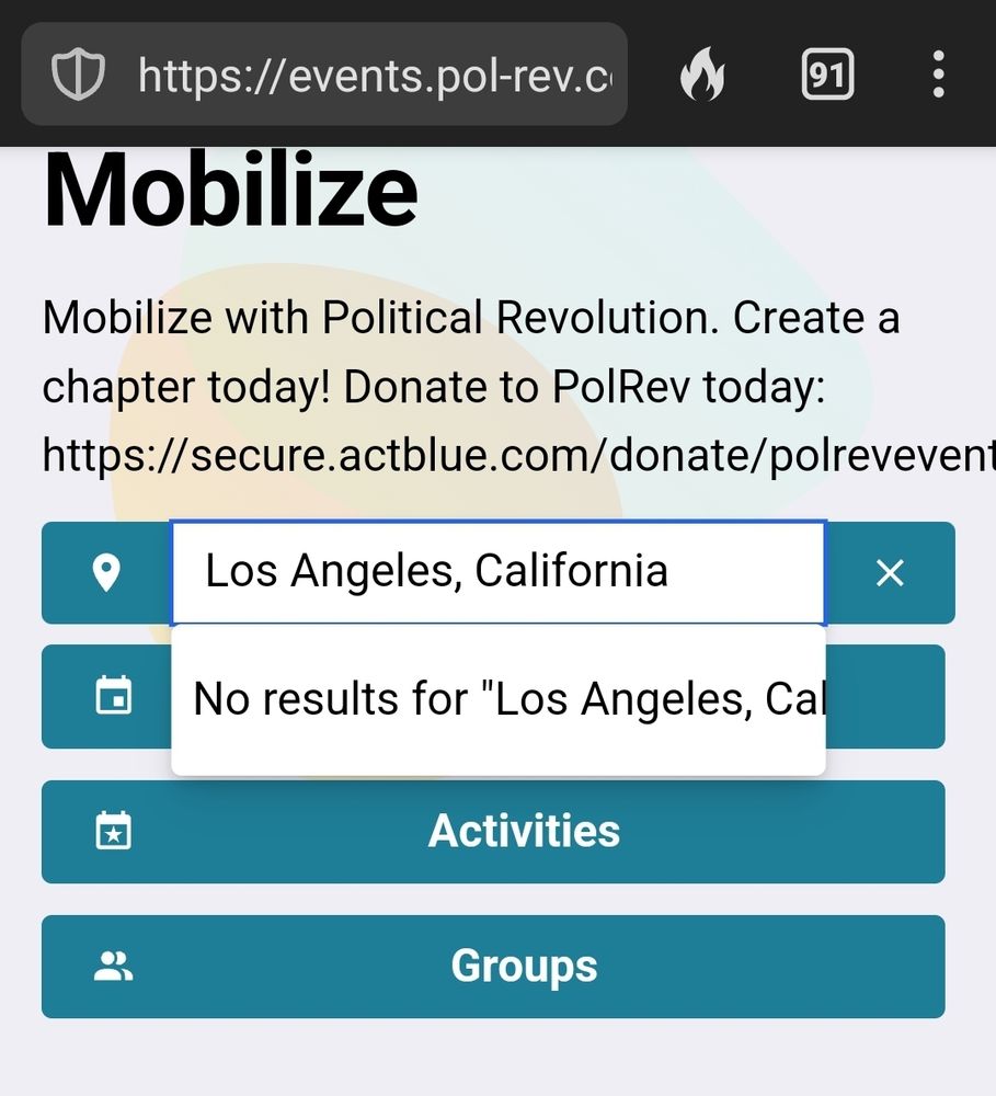 Website showing no events in Los Angeles California 