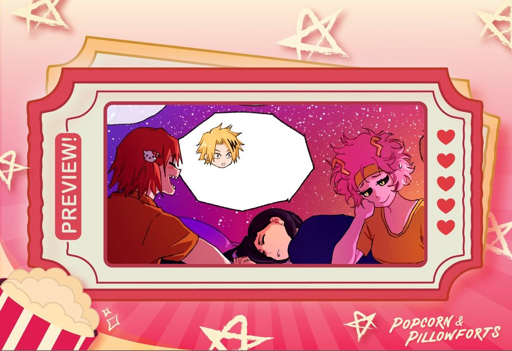 A preview graphic featuring a snippet of Irene's comic! Kirishima is cheerily talking to Mina, who smiles indulgingly while in the background, some of his friends have already fallen asleep.