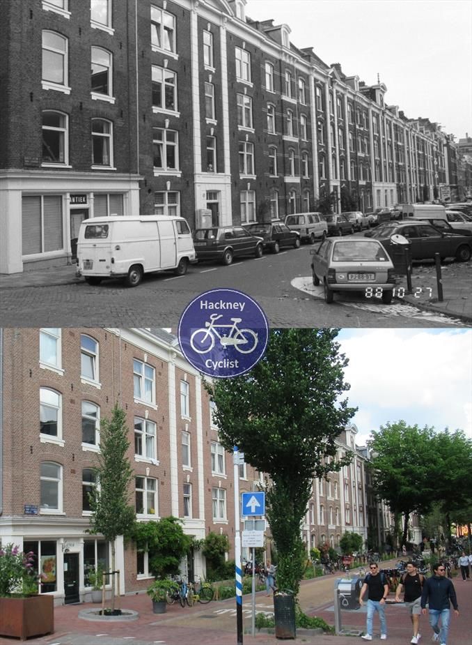 1988 image has cars parked on both sides of the road, today replaced by greenery, bike parking, bins and a water fountain 