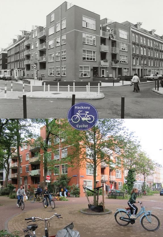 There are no trees in 1983 and the road is tarmac. Today it is paved and very green. A young girls cycles on her bike 