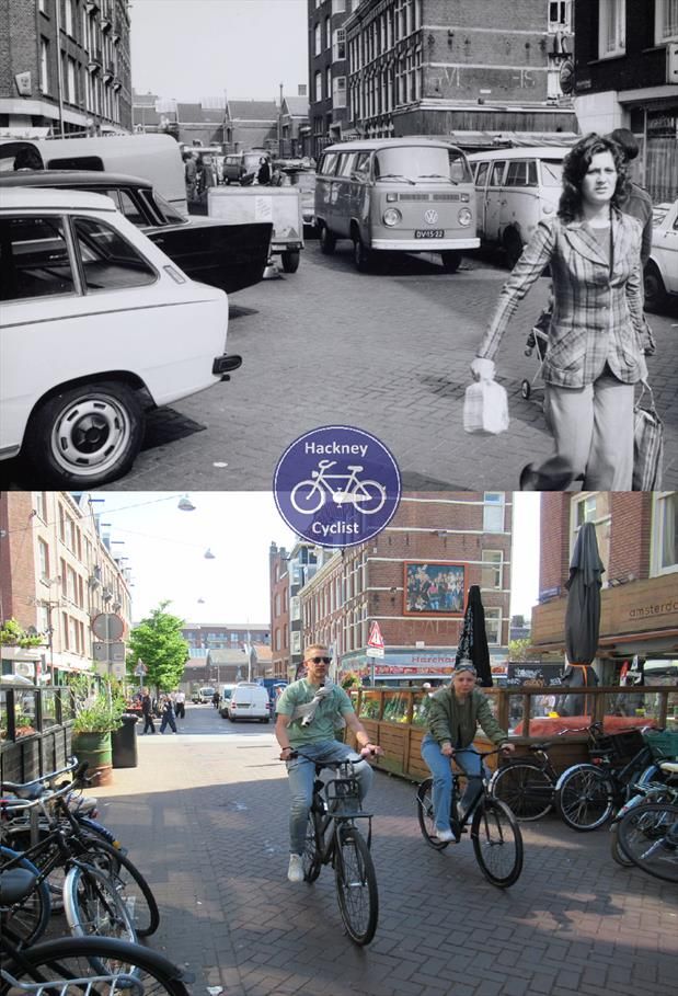 In 1974 a woman walks in the middle of the street with cars parked both sides and a campervan behind her driving. Today all car parking is removed for bike parking and outdoor dining