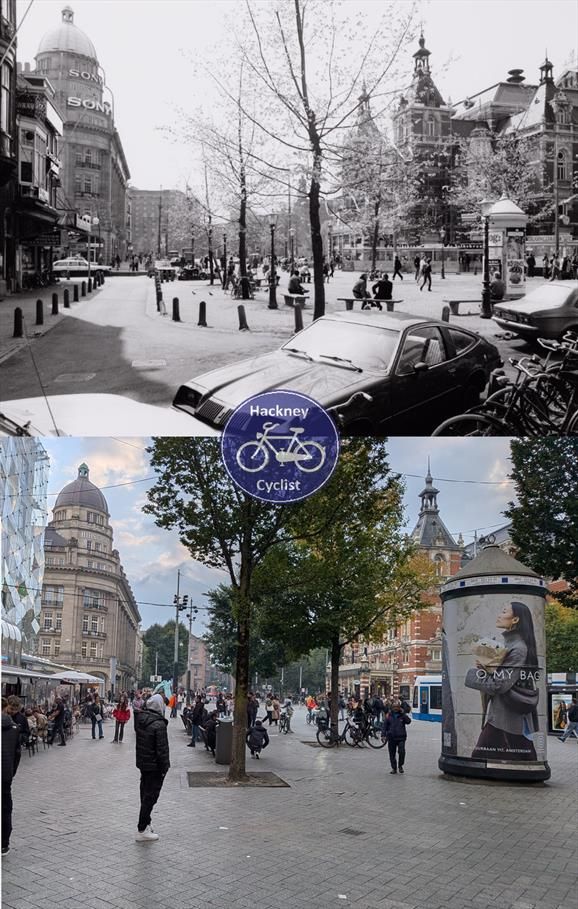 In 1980 the square has a car lane around it, surrounded by bollards, with some seating in the middle. Some cars are parking in the foreground. Today the square is pedestrianised. 