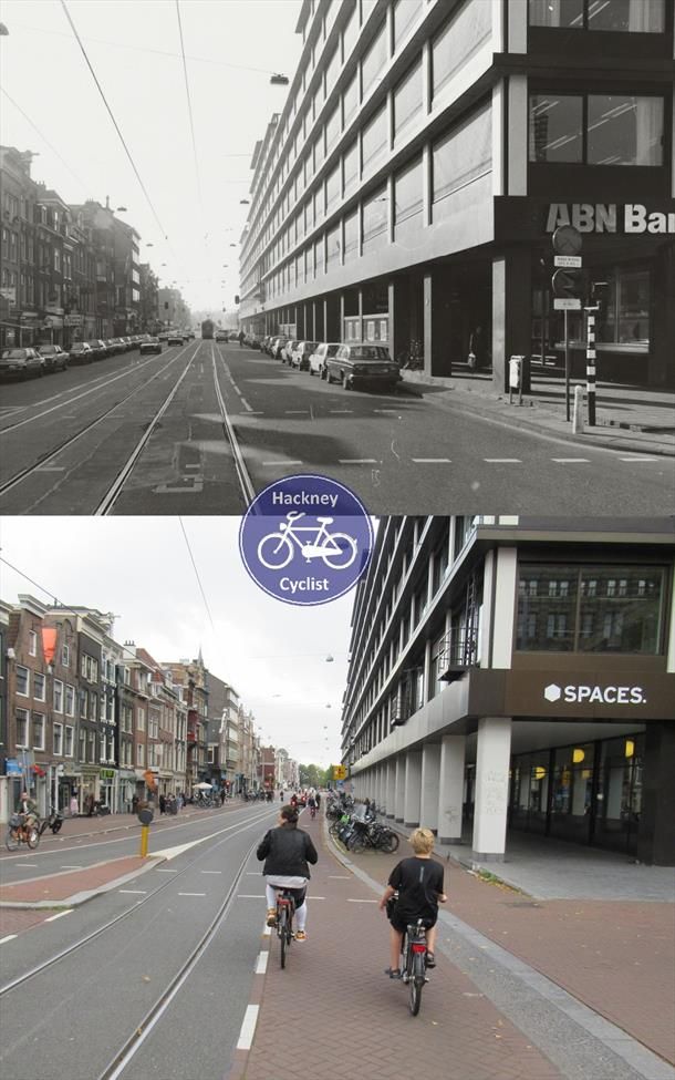 In 1986 there are no cycle lanes and cars are parked on both sides of the road. Today all car parking removed replaced by cycle tracks and bike parking 
