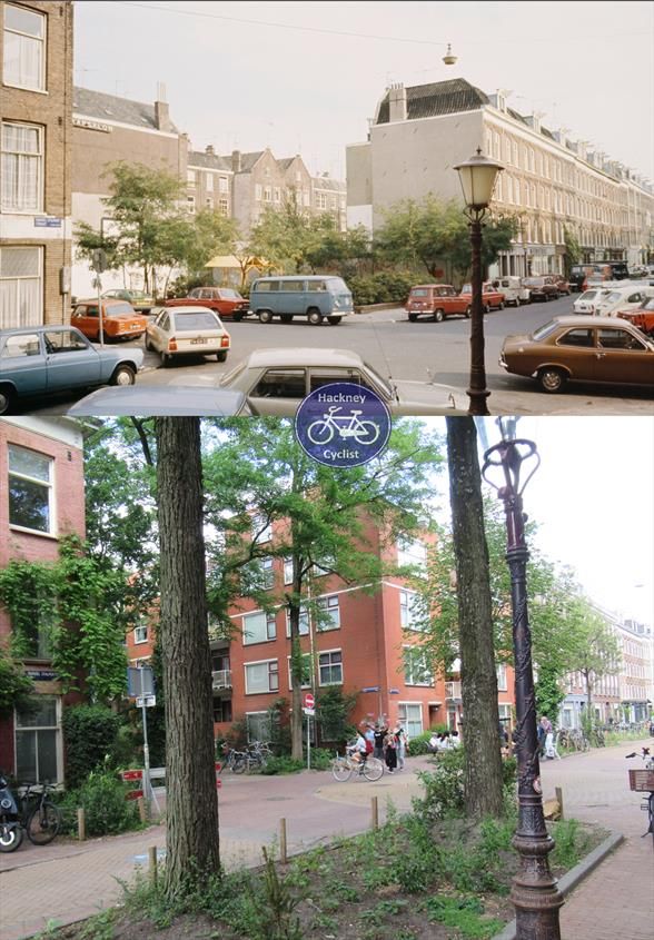 In 1984 the junction is dominated by parked cars, today all car parking has been removed, replaced by greenery and seating. An empty plot of land has had a block of flats built on it 