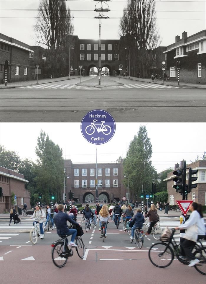 In the 1984 image there is a road ahead leading into two archways under a school above it. Today the school remains but it is now two cycleways / footways running through the arches instead. There is a parallel pedestrian and cycleway crossing which is being used by dozens of cyclists  