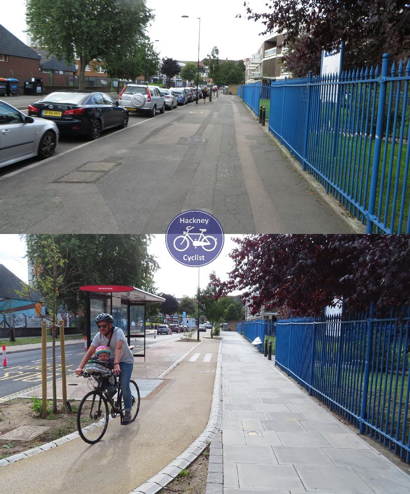 Then and now of Wick Road in Hackney where the car parking was removed to create a cycleway with a floating bus stop 