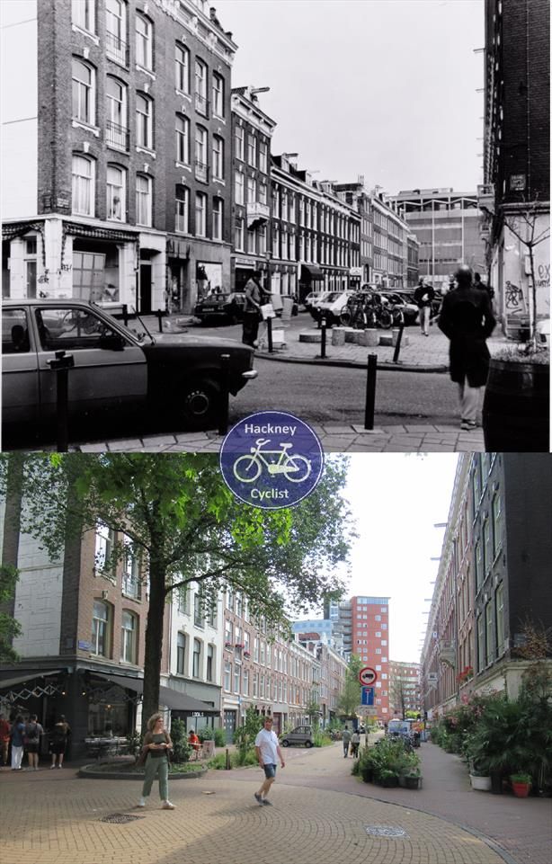 In 1992 there are bollards to stop footway parking and cars parked on the road. Today there is no car parking, replaced by trees and lots of greenery. People walk in the middle of the road due to the lack of motor traffic 