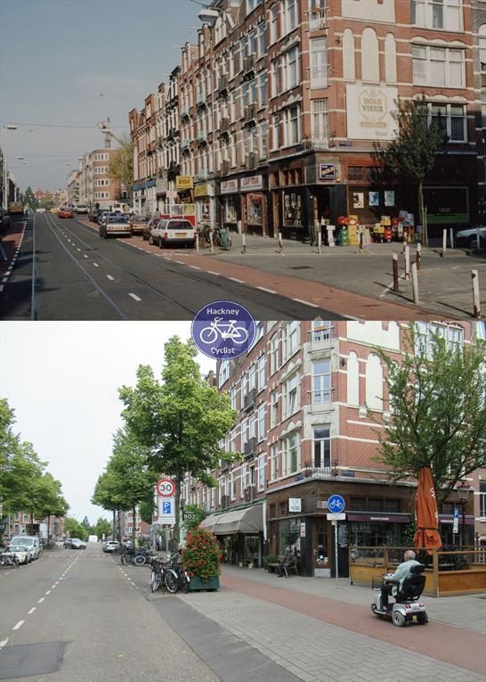 The same location in 1992 and today. In 1992 there are cycle lanes at the side of the road, and cars have to cross it to park, meaning the cycle lane is in the door zone. A car is also parked on the cycle lane.  Today these cycle lanes have been replaced by protected cycle tracks, with a buffer between it and the road, with trees and car / cycle parking added to that buffer. The cycleway & footway are a clearer design at the side road, they are both continuous, ensuring people walking and cycling have priority over any cars entering or exiting the side road, with a ramp at the entry to the side road to slow down cars turning in or out