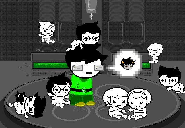 John Egbert from Homestuck surrounded by babies after preforming Ectobiology