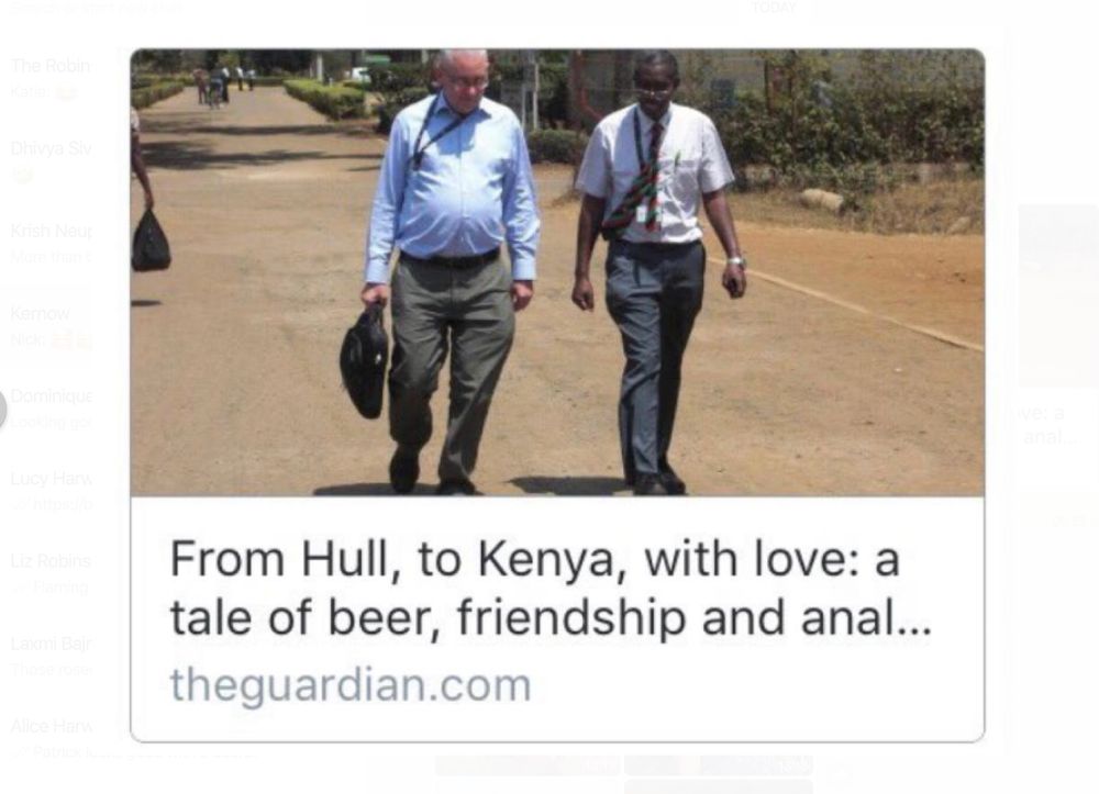 Two professional men walk side by side on a street, possibly in Africa, with the article caption reading "From Hull, to Kenya, with love: a tale of beer, friendship and anal..."