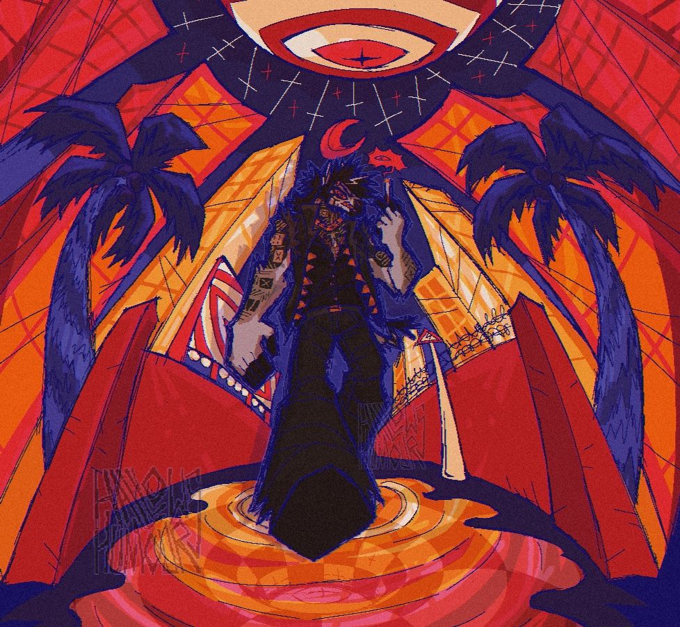 My zebra main fursona Dean, he's walking and smoking in a city, with palm trees, skyscrapers and a billboard. Above is the moon and a large eyeball, below him is a puddle. The rare instance of me drawing a background, it's coloured in reds, oranges yellows and a purple/blue.