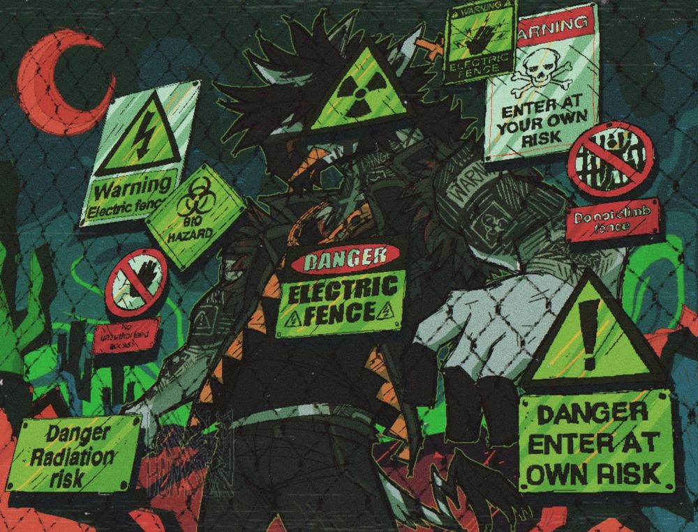 My main fursona, Dean, a zebra, standing behind a chainlink fence that is covered in various warning signs. It is coloured in greens and reds.
I edited this piece majorly, sorry for the reupload.