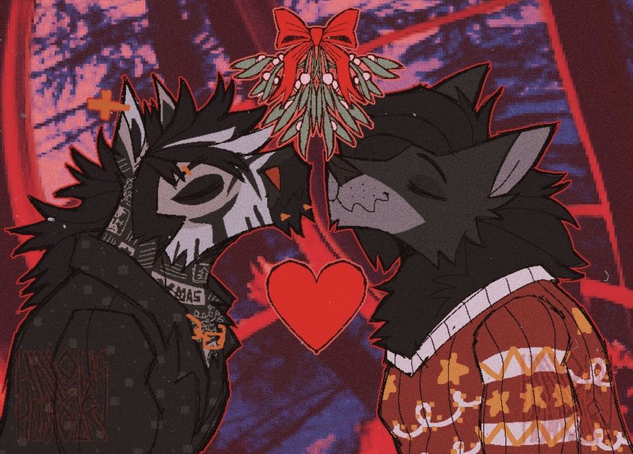 This one shows Dean kissing my friend Vals black and grey wolf sona, theyre wearing a red jumper with yellow stars.