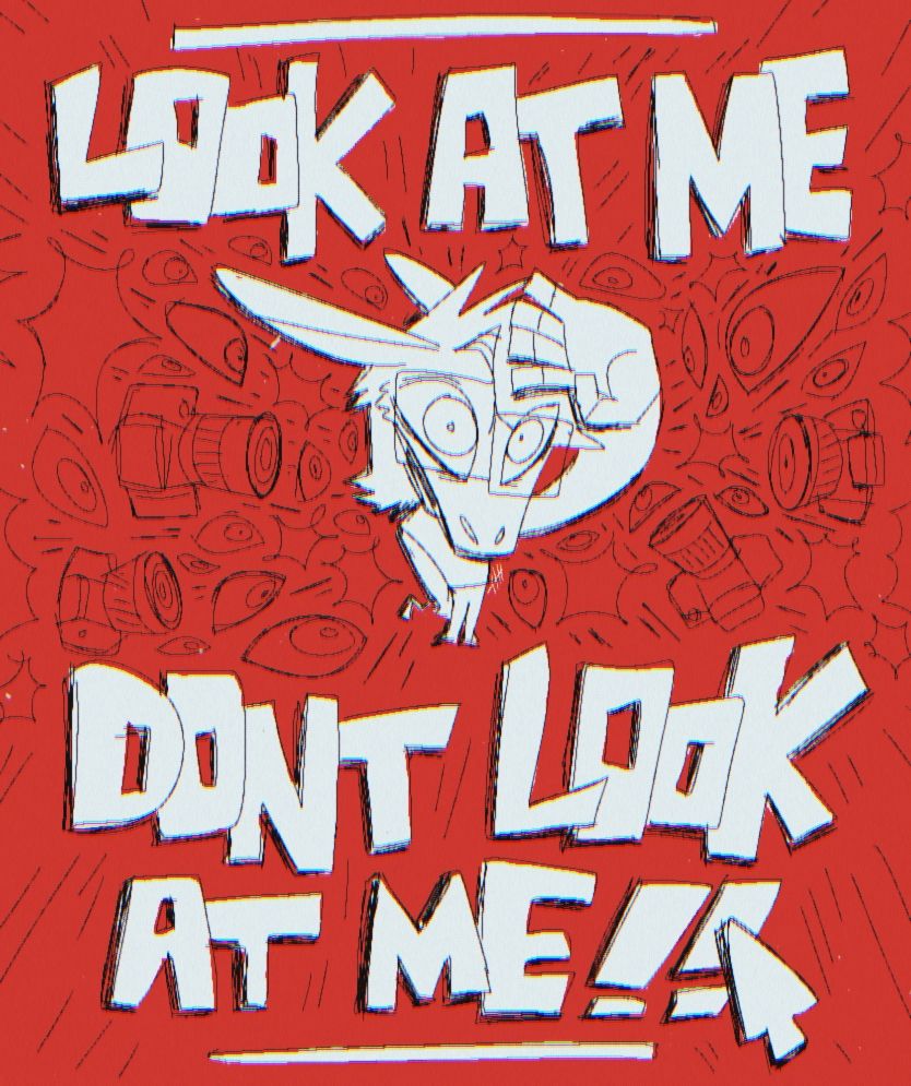 My truesona, mule, standing surrounded by cameras and eyes and flashes, a hand raised to block it. The text reads "look at me, don't look at me". Another fave and important piece of mine.