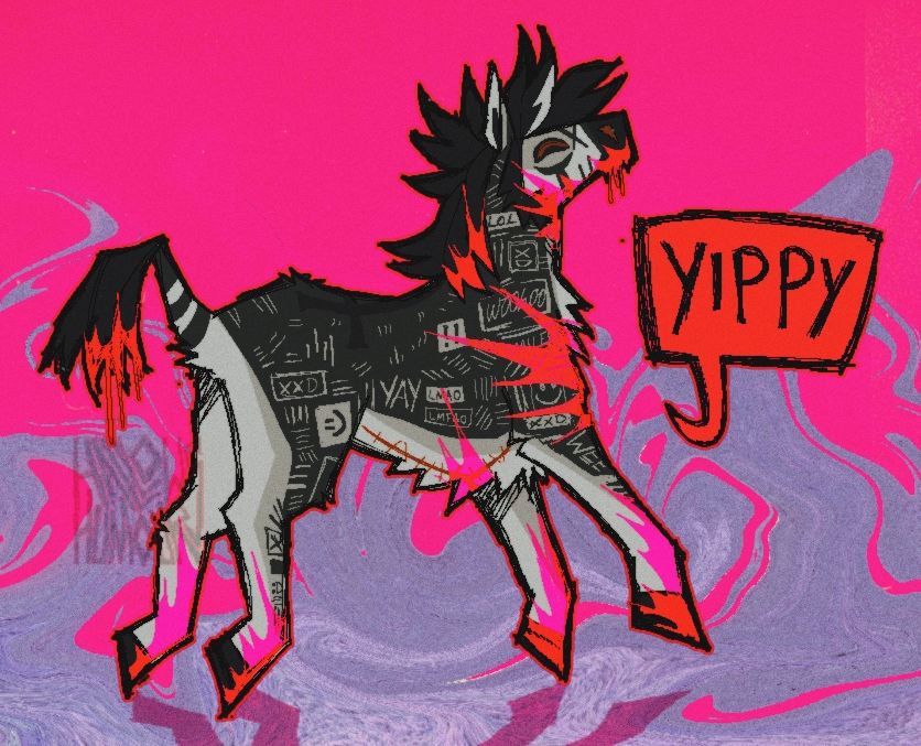 My zebra fursona Dean prancing about covered in blood probably on a vivid pink background. drawn based on that meme of the horse saying "yippy" 