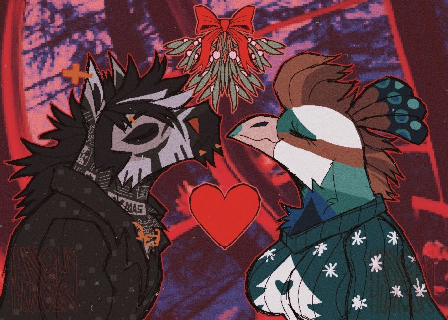 This one has Dean kissing my friend skyes sona Jewel, who is a green and brown peahen, she's wearing a green xmas jumper with a white tree and snowflakes.