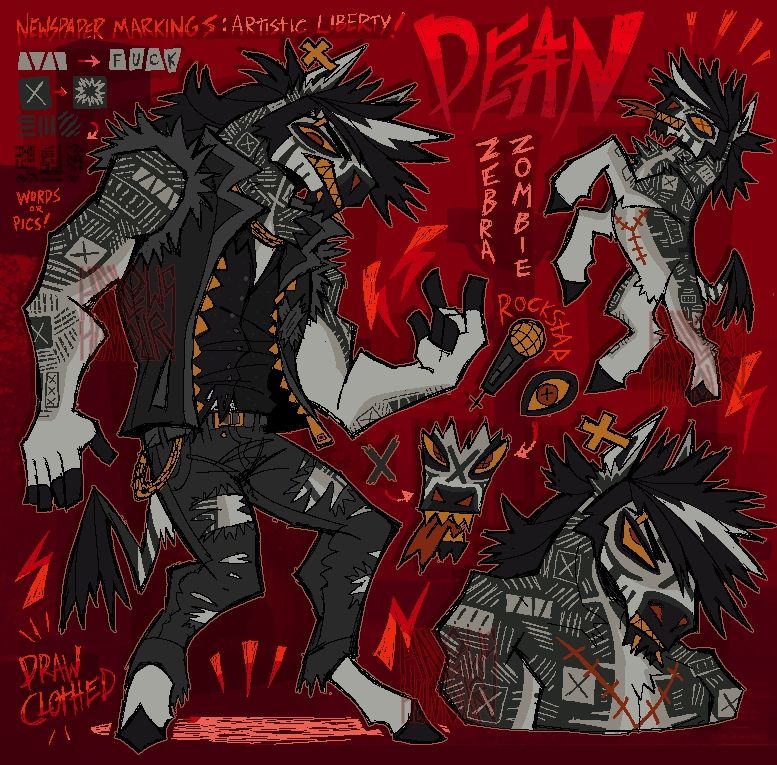 Ref of main fursona, Dean, a zombie zebra. It has a clothed fullbody showing his outfit (a black vest with ripped sleeves, a black button up shirt, and ripped black jeans), a bust and a non anthro to show his markings. There's also additional info about certain markings.