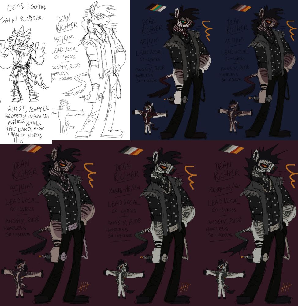 My zebra fursona Deans design process and first 2 drawings. The top left sketch was done in December 2022, while the rest are all variations of the same drawing, going top left to bottom right is the progress of his design. I sturggled a lot at first because i knew i wanted a melanistic zebra but had no idea colours. When I finally worked out I wanted newspaper themed markings for his look I locked in, the ideas came fast and I solved it quickly.
