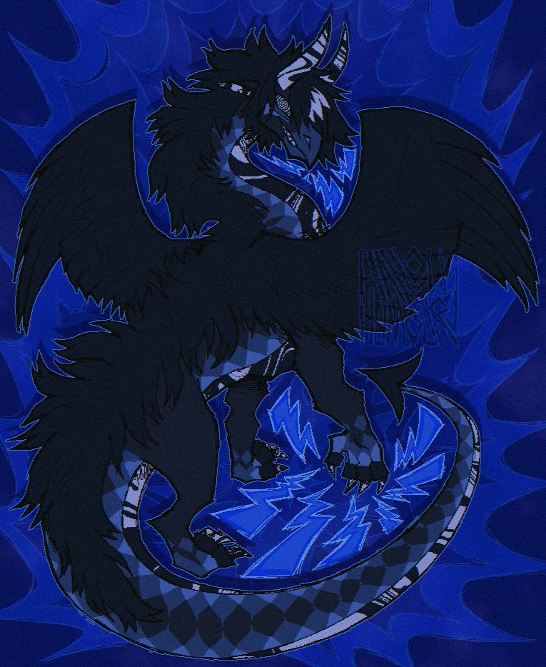 Drawing of Ark, a storm dragon oc of mine. He is standing turned away, his front leg lifted with lightning bolts surrounding it. Everything is coloured in blues.