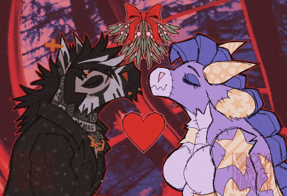 My fursona Dean, a zebra, under a mistletoe. In this one he's kissing my friend turtles oc Daydream a plush lavender dragon.