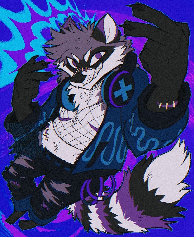 My side of an art trade with rascalteeth of their old raccoon sona Rae. They are wearing headphones and glowsticks. They are grinning towards the camera and holding up their hands with some V signs. I designed the outfit for them in turquoise and navys. Everything's coloured in purples and blues.
