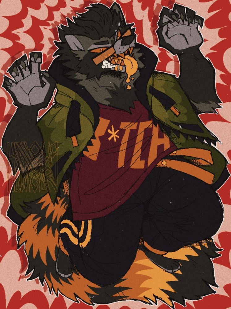 My oc Bandit, a raccoon, jumping towards the viewer, a crazy expression, their mouth has foam and spit like a rabid animal. She is grey, orange and yellow with a red and white striped background.