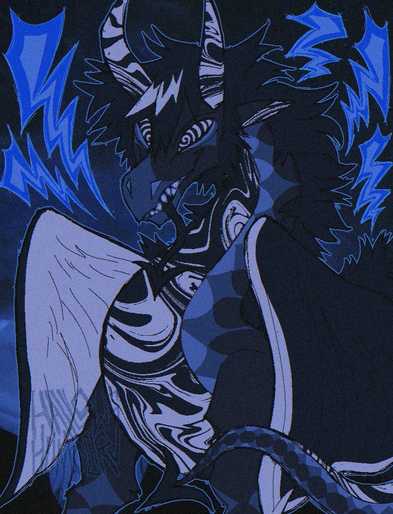 A drawing i did of my dragon oc Ark, a lightning dragon with swirling patterns. He's is coloured in various dark blues and greys.