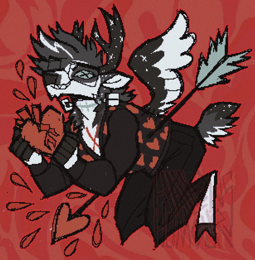 My oc Cupid, and an old sona of mine, a zombie deer with a lovecore theme. In this drawing he is holding a bloody heart and flying so silly