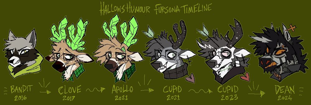 My drawing done this year of all my fursonas in order from when I joined the fandom in 2016 to most recent change last year. 
Starting with bandit, a raccoon with yellow eyes. Clove, who later became named Apollo, a fallow deer with green crystal antlers. Cupid, an undead deer with an arrow sticking through him. And finally current sona Dean, a zombie zebra.